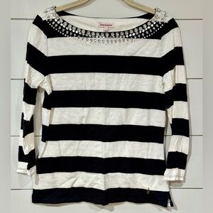 Juicy Couture Black and White Striped Rhinestone 3/4 Sleeve Cotton Blouse Size S